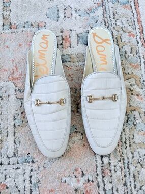 Sam Edelman Linnie Ivory Croc-Embossed Leather Horsebit Mules
